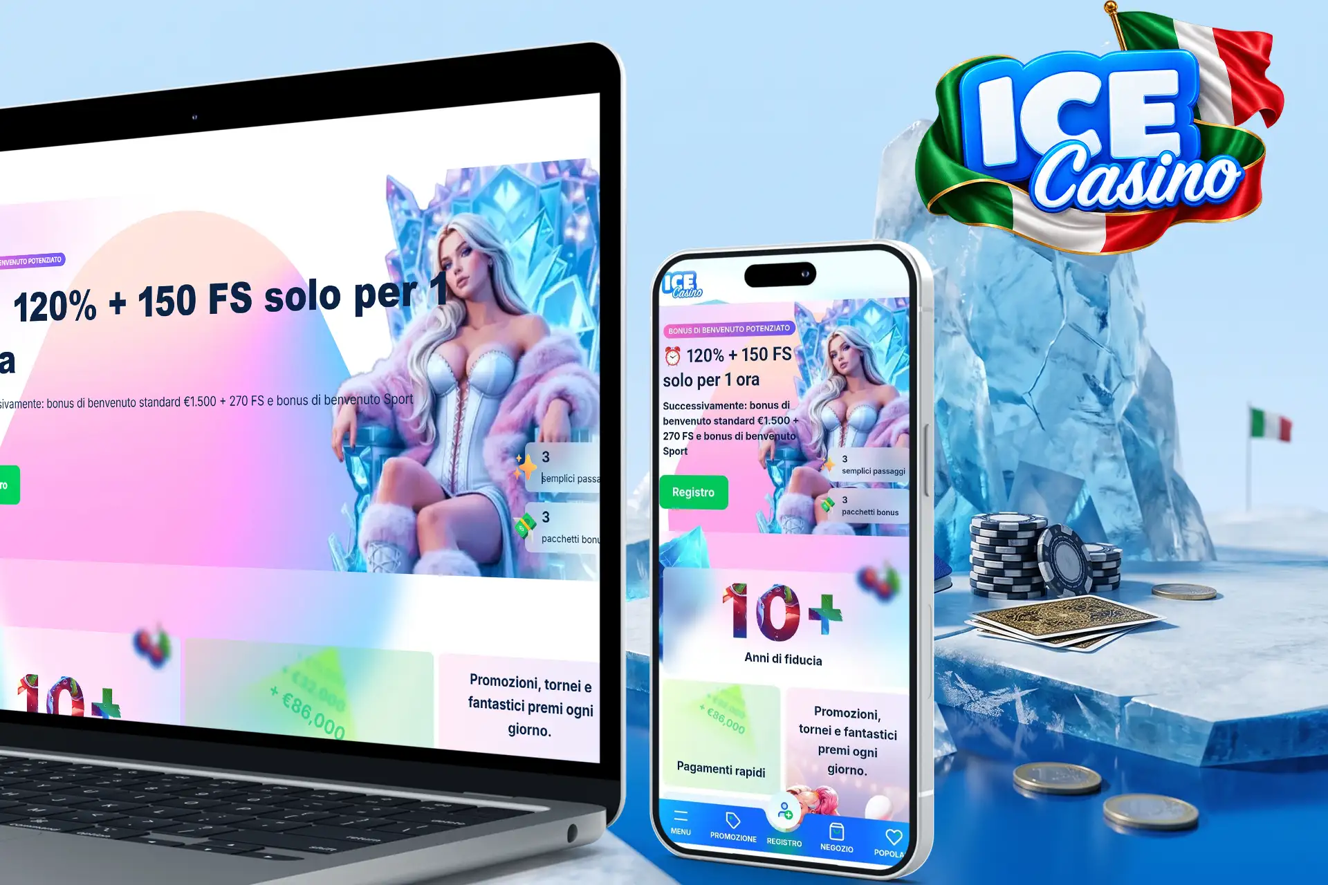 Panoramica della piattaforma ufficiale di Ice Casino in Italia, con bonus di benvenuto mostrato su laptop e smartphone tra blocchi di ghiaccio e fiches