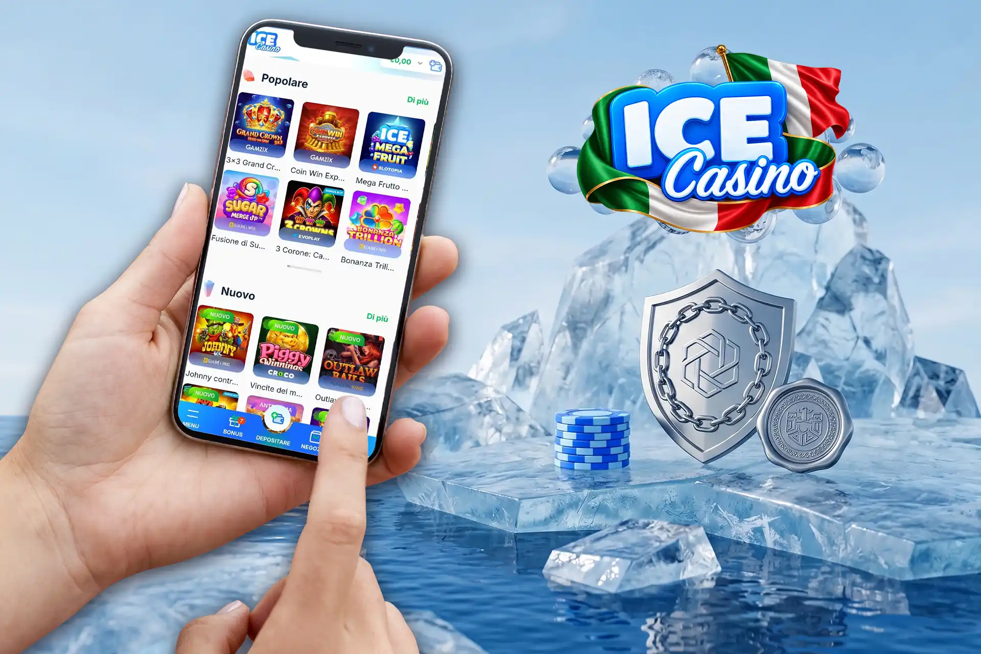 Elevati standard di sicurezza e correttezza garantiti da Ice Casino, rappresentati da uno scudo d'argento con catene e un'interfaccia mobile protetta